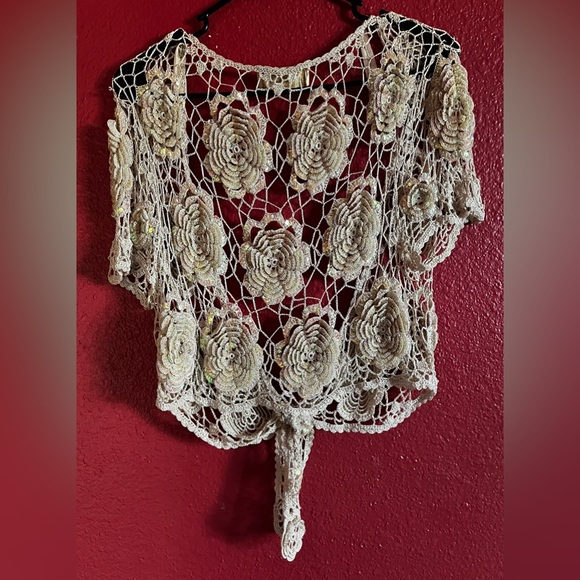 Kroshetta by Papillon crocheted sweater with sequin flowers, OS - Picture 3 of 12